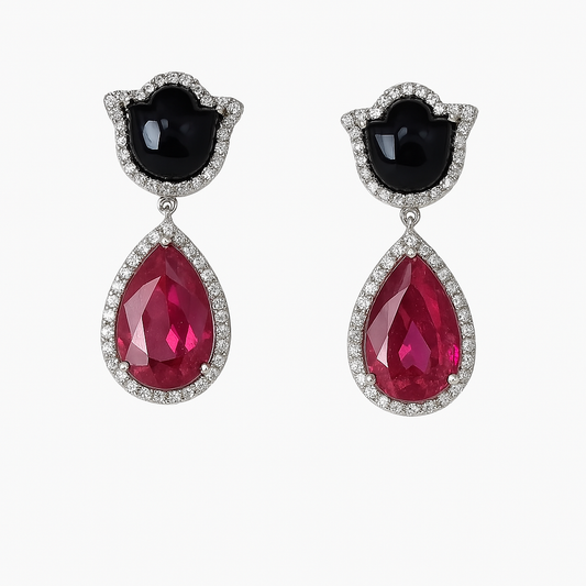 Natural Pear Shape Tourmaline & Black Onyx Gemstone Dangle Earrings - 18k White Gold Diamond Handmade Earrings