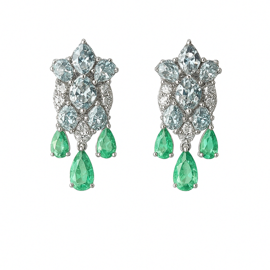 Natural Aquamarine & Colombian Emerald Dangle Earrings - 18k White Gold Diamond Wedding Earrings