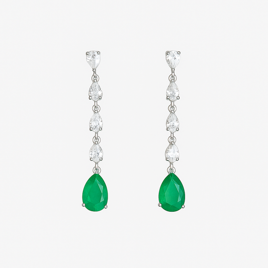 18k White Gold Diamond Dangle Earrings - Natural Pear Shape Zambian Emerald Earrings - Rose Cut Diamonds Earrings