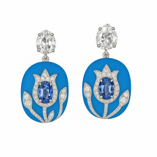 18k White Gold Rose Cut Diamond Handmade Dangle Earrings - Natural Blue Sapphire & Blue Enamel Earrings