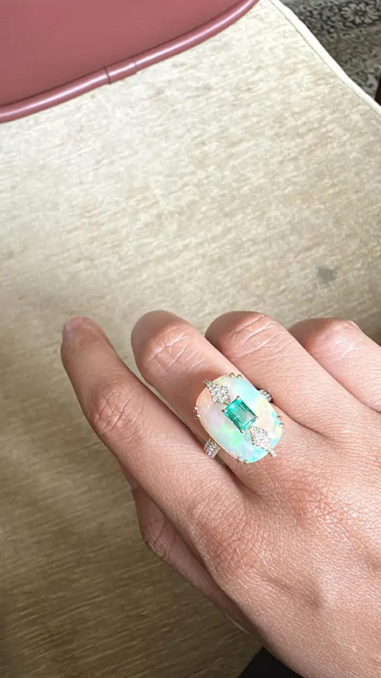 18k Yellow Gold Ethiopian Opal, Diamond Ring - Natural Zambian Emerald Ring