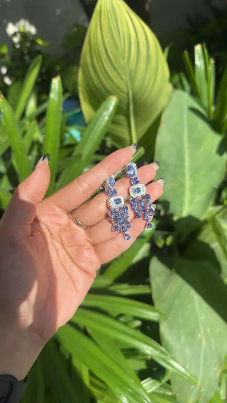 18k White Gold Diamond Handmade Earrings - Natural Blue Sapphire & Mother Of Pearl Chandelier Earrings