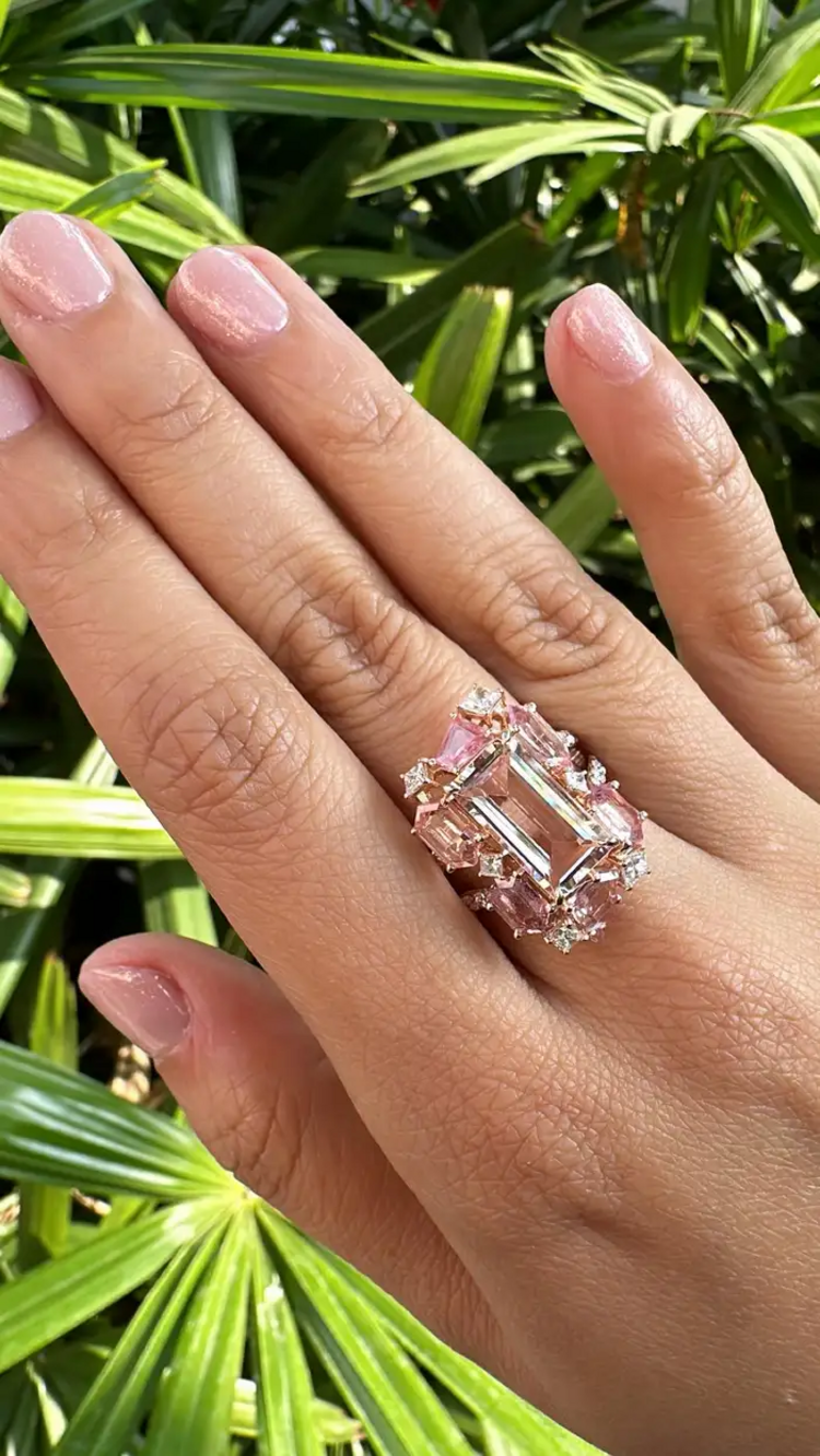 18k Gold, Morganite, Padparadscha Sapphires & Diamonds Engagement Ring
