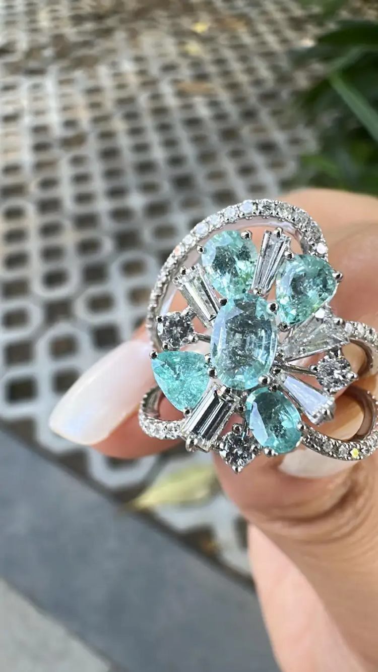18k White Gold Diamond Engagement Ring - Natural Paraiba Tourmaline Ring