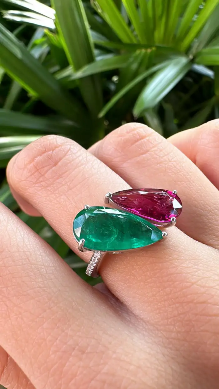 18k White Gold Diamond Cuff Ring - Natural Rubellite & Zambian Emerald Women Ring