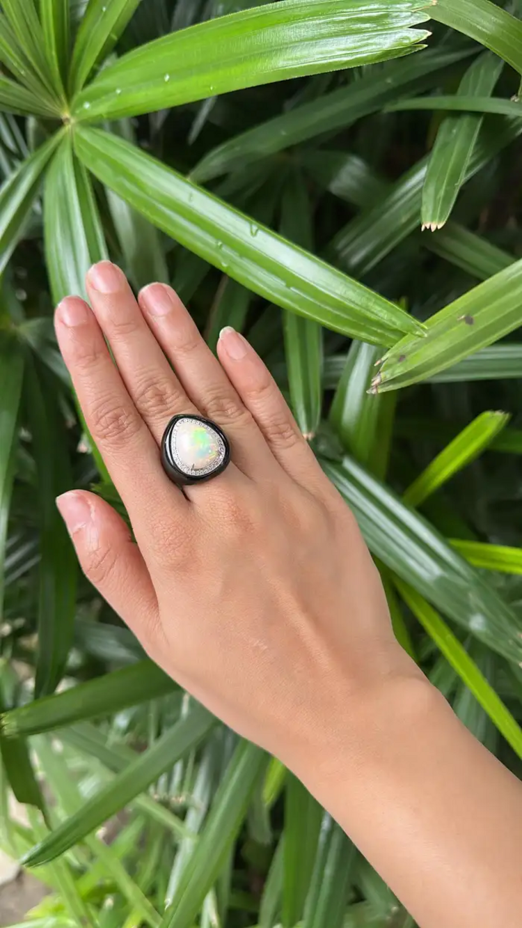 18k White Gold Diamond Ring - Natural Black Onyx & Ethiopian Opal Art Deco Style Ring