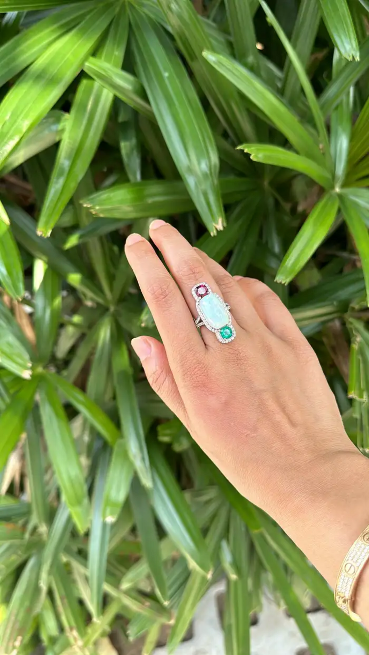 0.84 Ct. Round Cut Diamond 18k White Gold Wedding Ring Natural Ethiopian Opal, Zambian Emerald & Rubellite Gemstone Jewelry Gift
