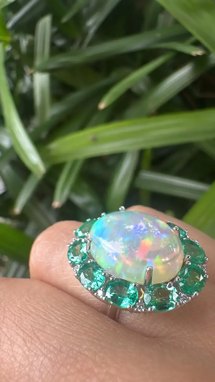 18k White Gold Diamond Ring - Natural Ethiopian Opal & Zambian Emerald Cocktail Ring