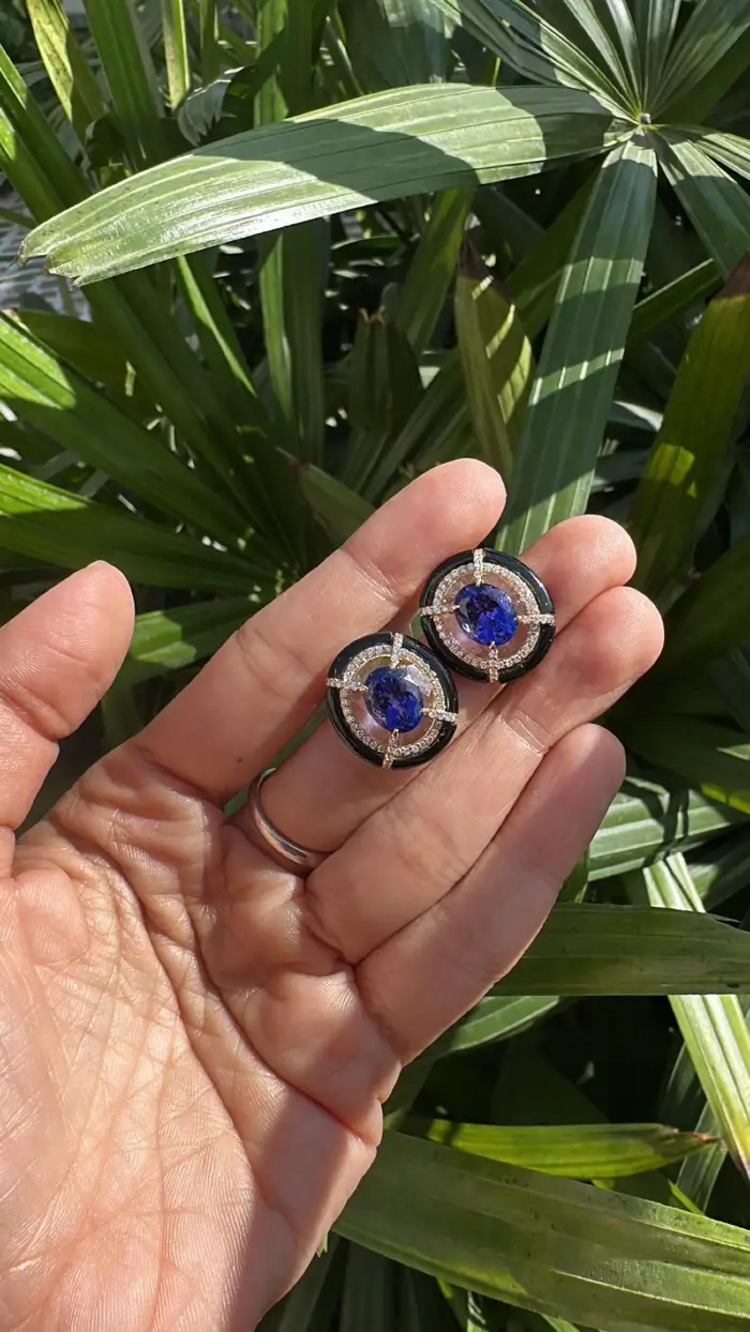 18k Gold Diamond & Tanzanite Gemstone Stud Earrings - Rock crystal & Black Onyx Earrings