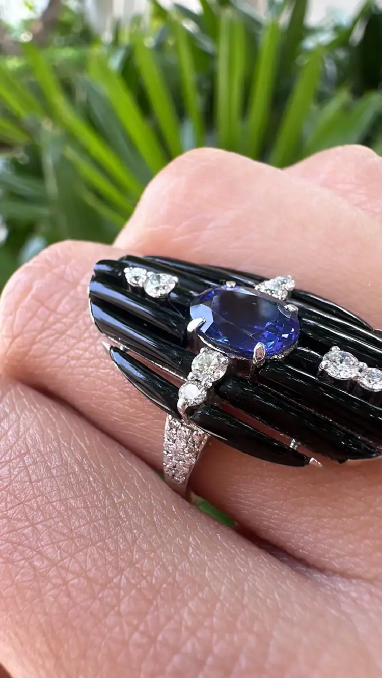 Black Onyx & Tanzanite Gemstone Ring - 18k White Gold Diamond Cocktail Ring