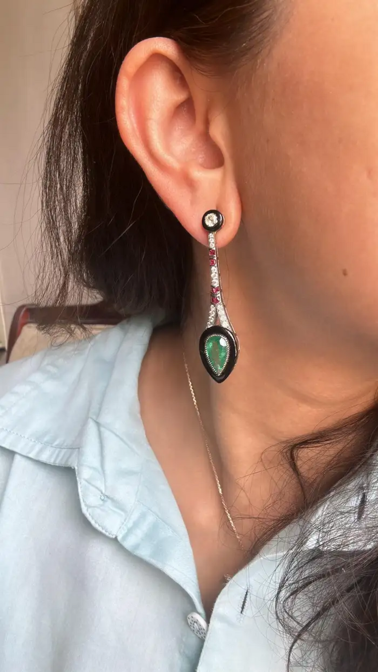 18k Yellow Gold Dangle Earrings - Pear Shape Emerald & 0.87 Ct. Diamond Earrings - Black Onyx , Ruby Gemstone Dangle Earrings - Art Deco