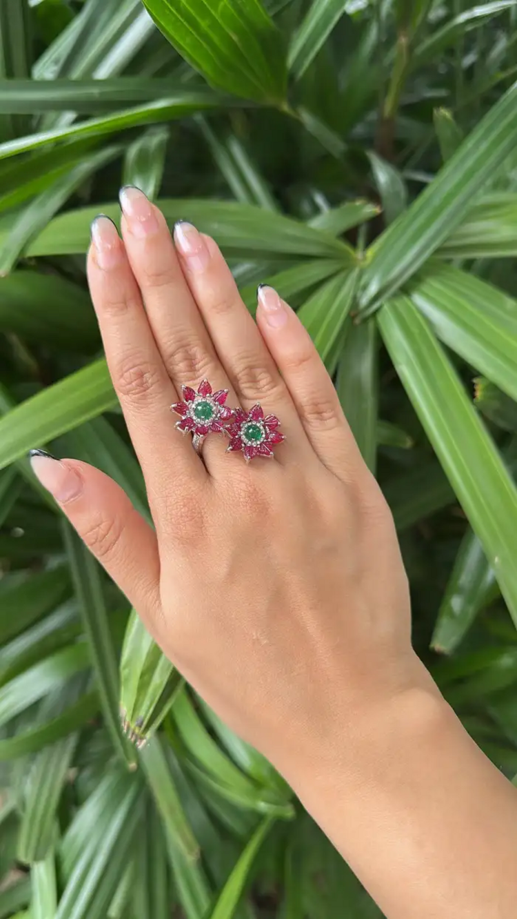 18k White Gold Diamond Toi et Moi Ring - Natural Ruby & Zambian Emerald Wrap Ring