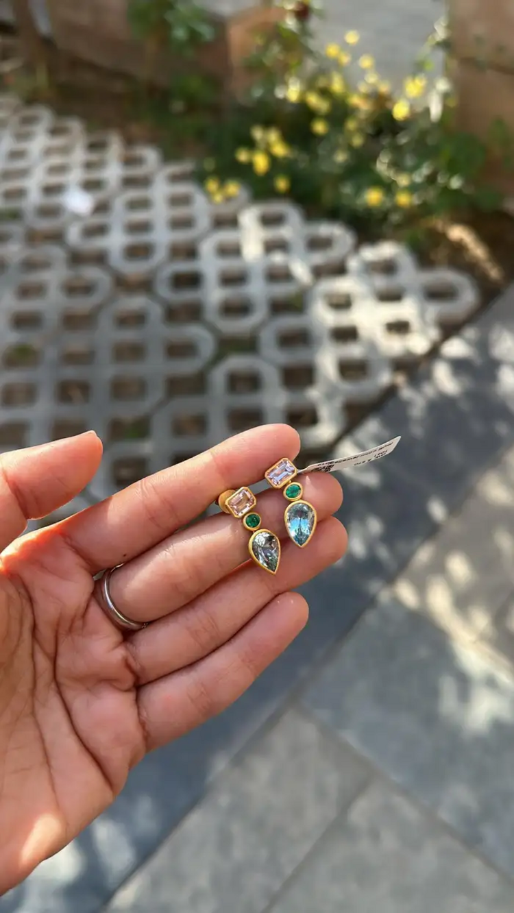 18K Yellow Matte Gold, Aquamarine, Emerald & Morganite Dangle Earring