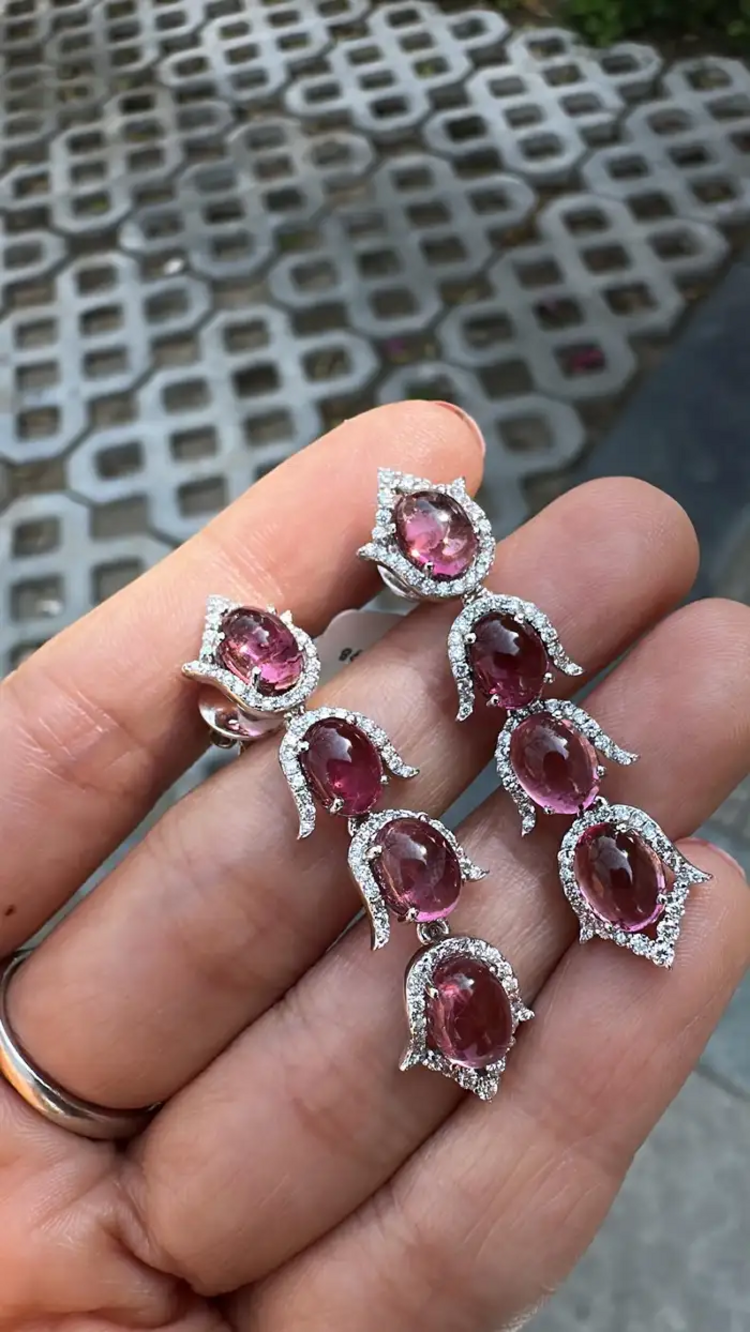 Natural Rubellite Gemstone Dangle Earrings - 18k White Gold Diamond Earrings