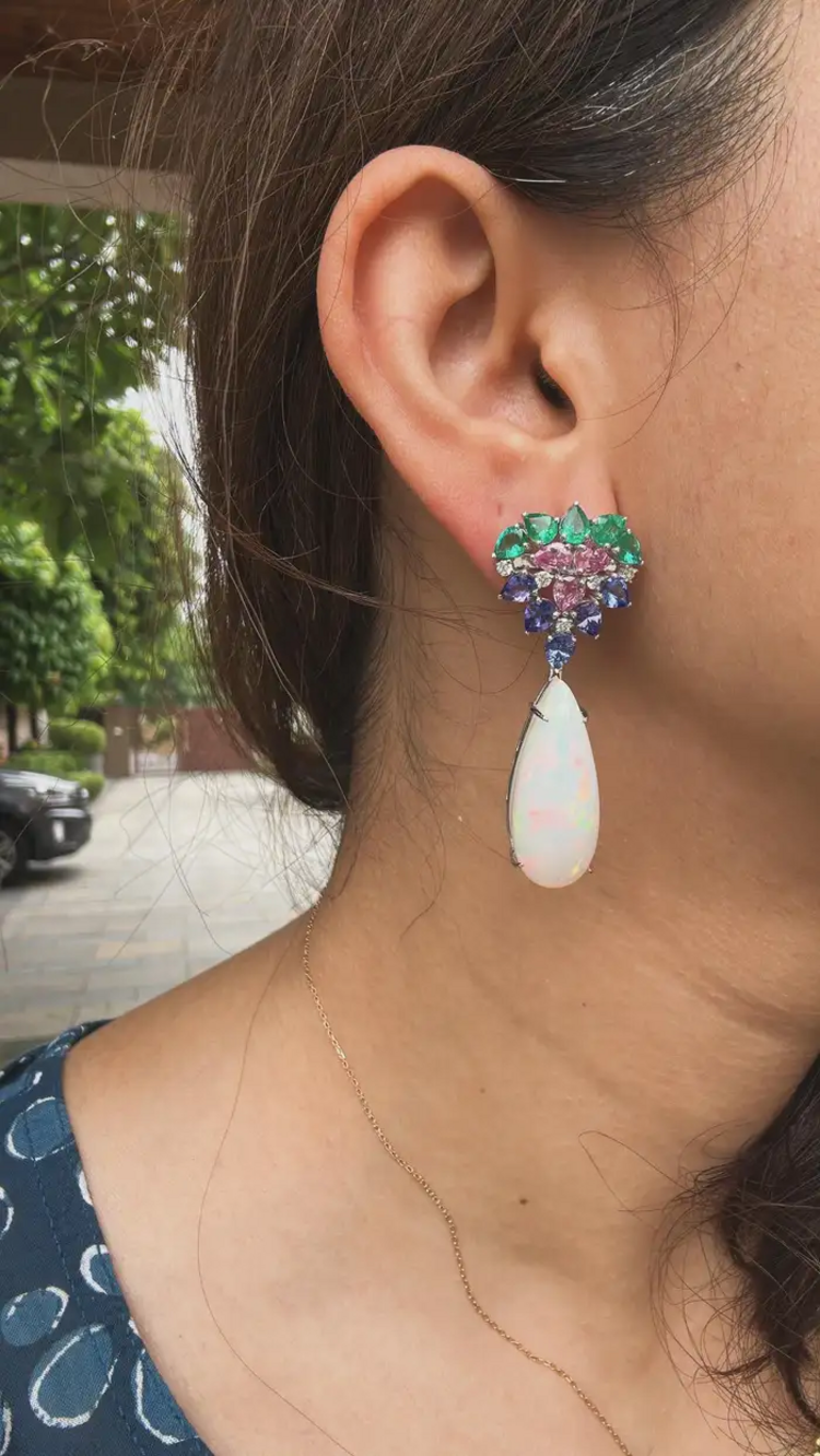 18k White Gold Diamond Dangle Earrings - Natural Zambian Emerald, Ethiopian Opal, Tanzanite & Pink Sapphire Earrings
