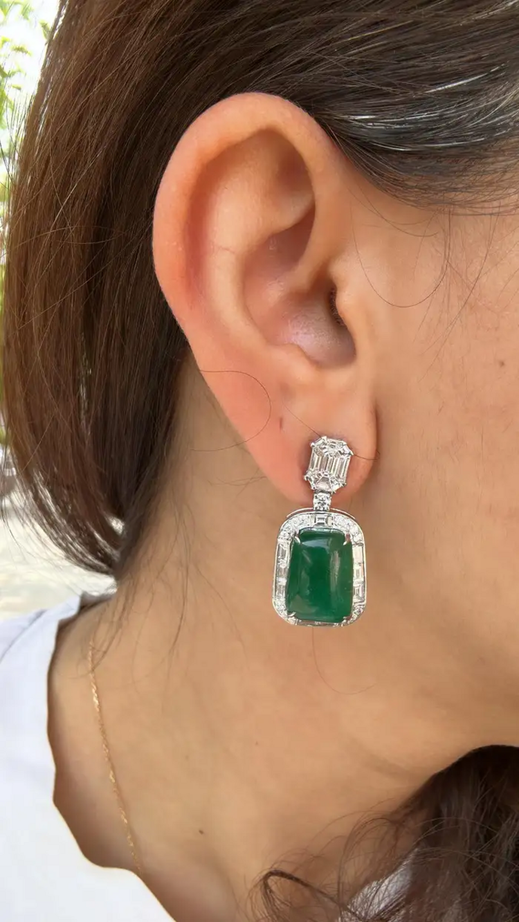 Emerald Cabochons & Diamonds Dangle Earrings - 18k White Gold Handmade Women Earrings