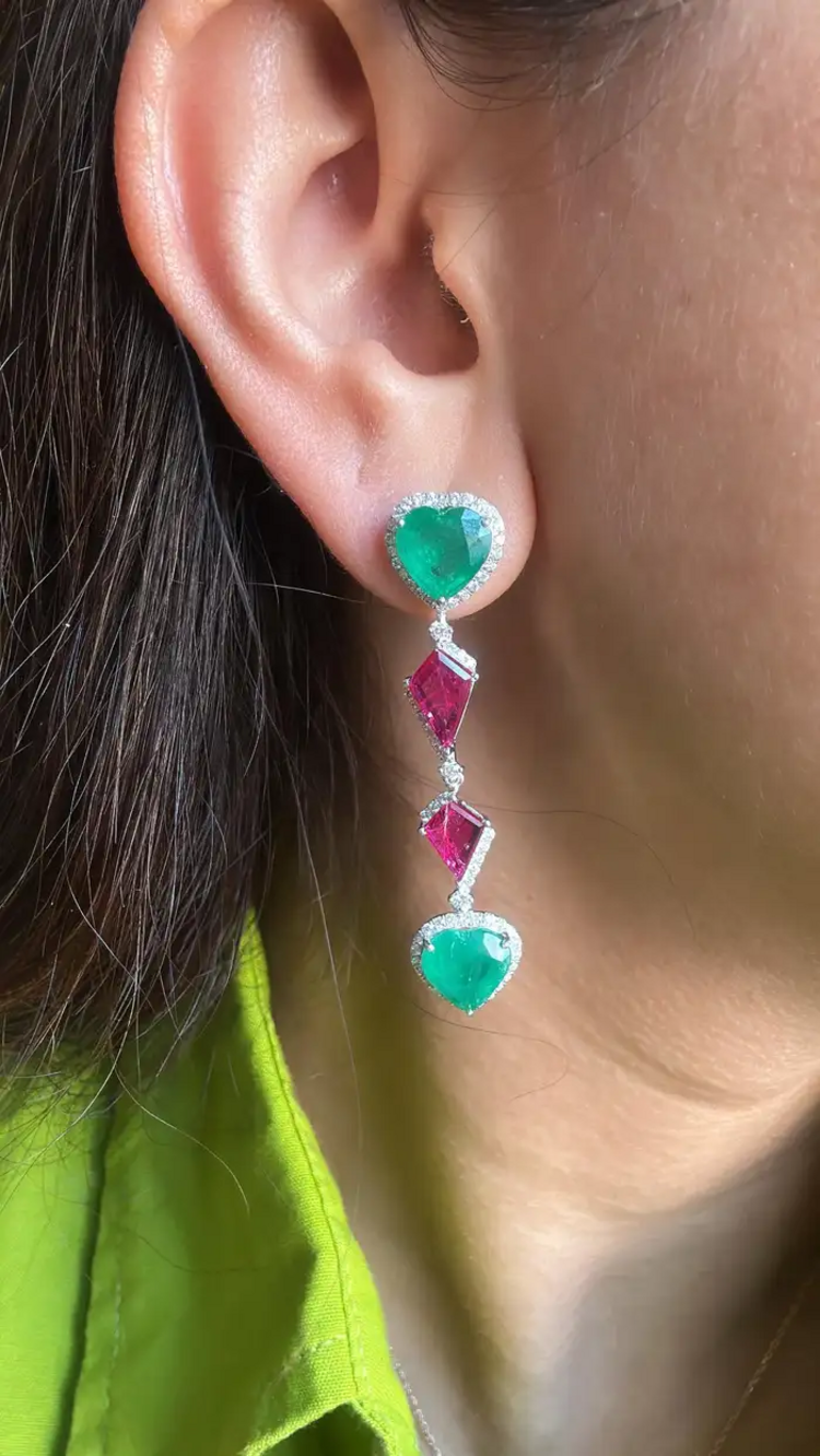 18k White Gold Diamond Chandelier Earrings - Heart Shape Zambian Emerald & Ruby Dangle Women Earrings