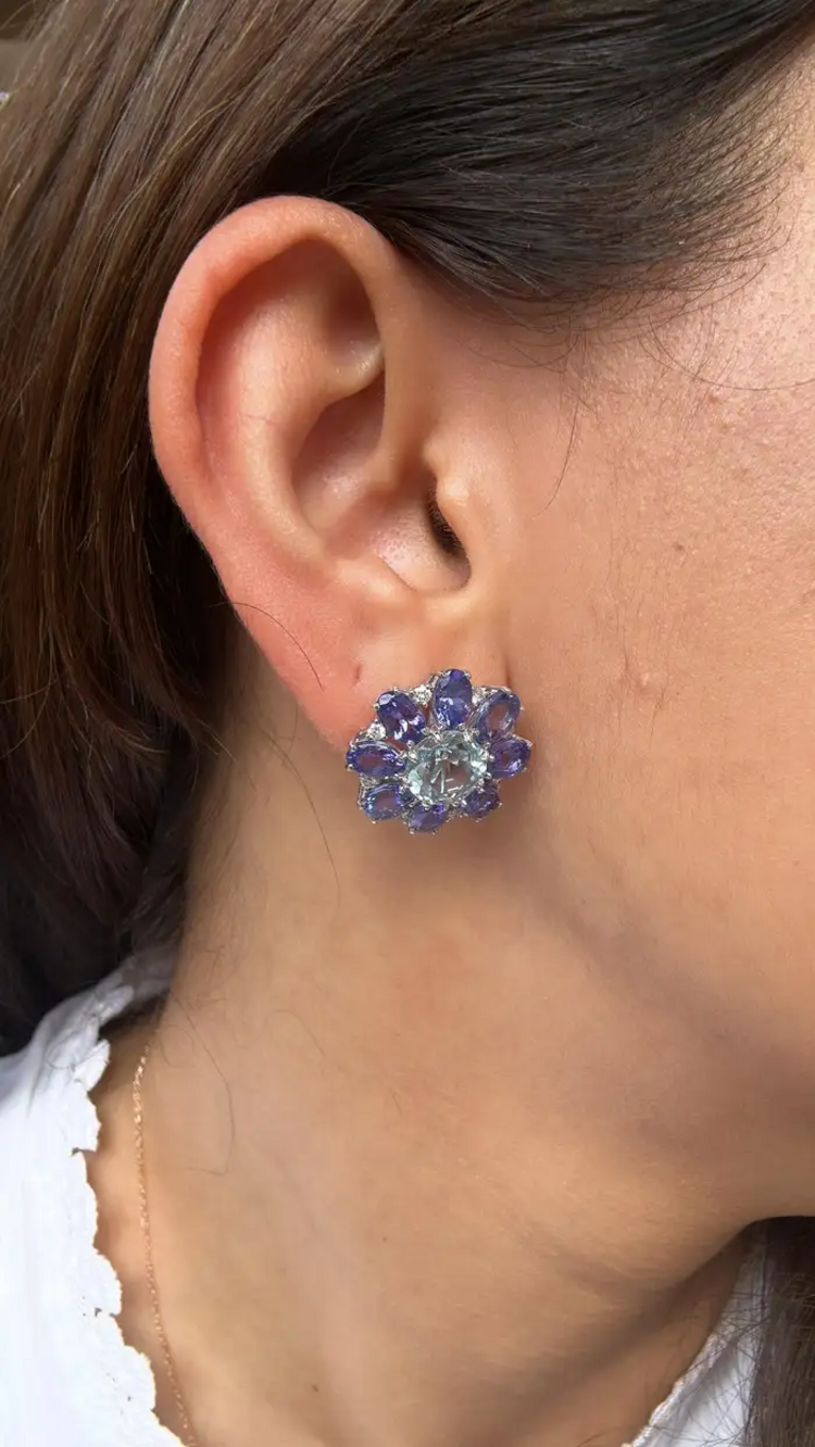 Natural Aquamarine & Tanzanite Gemstone Stud Earrings - 18k White Gold Diamond Handmade Earrings