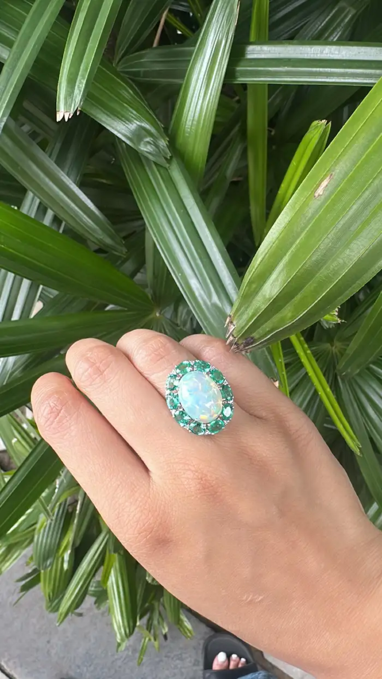 18k White Gold Diamond Ring - Natural Ethiopian Opal & Zambian Emerald Cocktail Ring