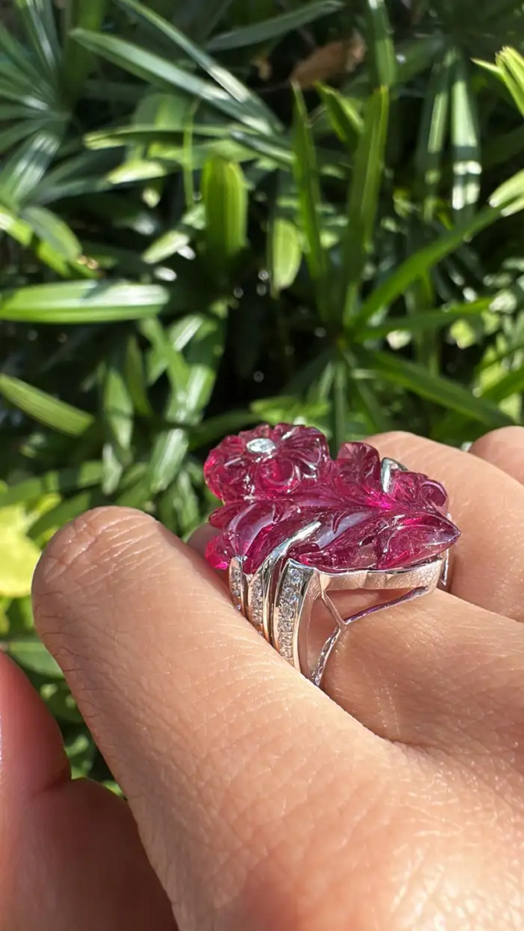 33.00 Ct. Carved Tourmaline Ring - 18k Gold Diamond Big Ring - Gemstone Floral Ring