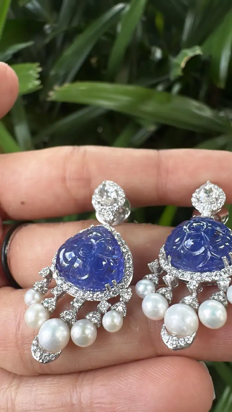 18k White Gold Diamond Dangle Earrings - Natural Tanzanite & Freshwater Pearl Earrings