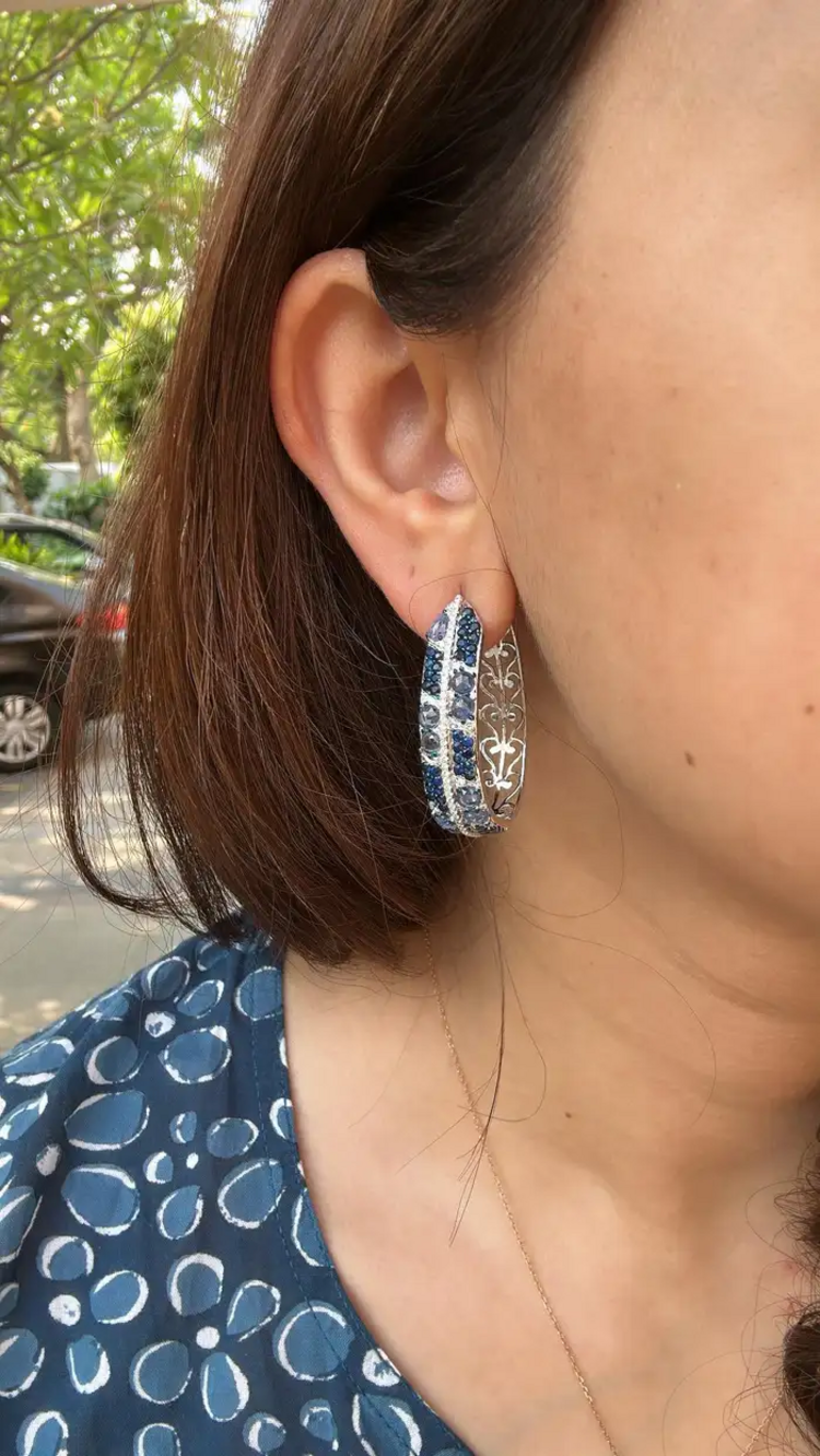 18k White Gold Diamond Hoop Earrings - Natural 5.69 Ct. Blue Sapphire Earrings