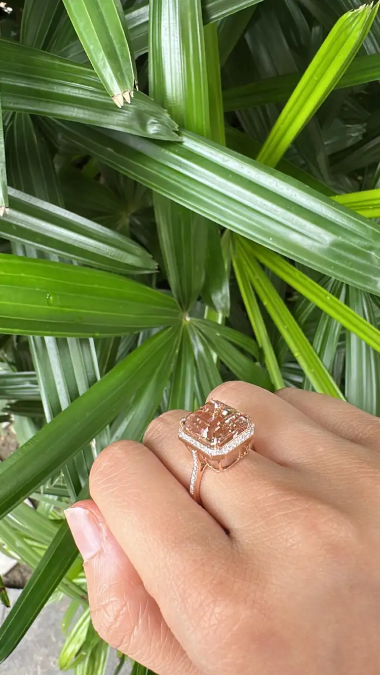 Natural Morganite Wedding Ring - 18k Rose Gold Diamond Cocktail Ring