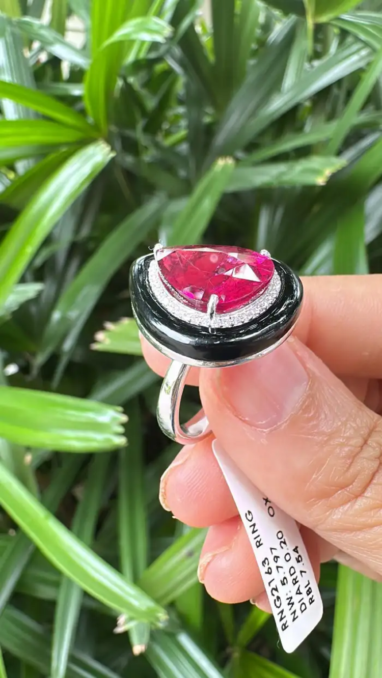 18k White Gold Diamond Cocktail Ring - Natural Rubellite & Black Onyx Ring