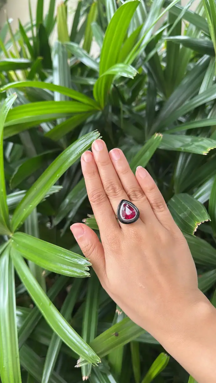18k White Gold Diamond Cocktail Ring - Natural Rubellite & Black Onyx Ring