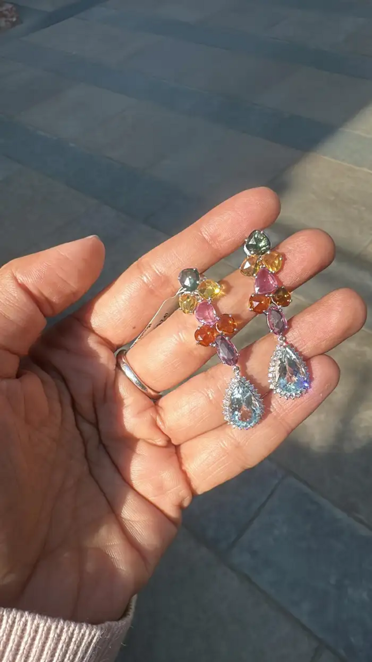 Natural Multi Sapphire & Pear Shape Aquamarine Gemstone Dangle Earrings - 18k White Gold Diamond Earrings
