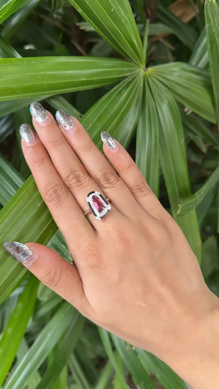 Natural Tourmaline & Black Enamel Ring - 18k White Gold Diamond Cocktail Ring