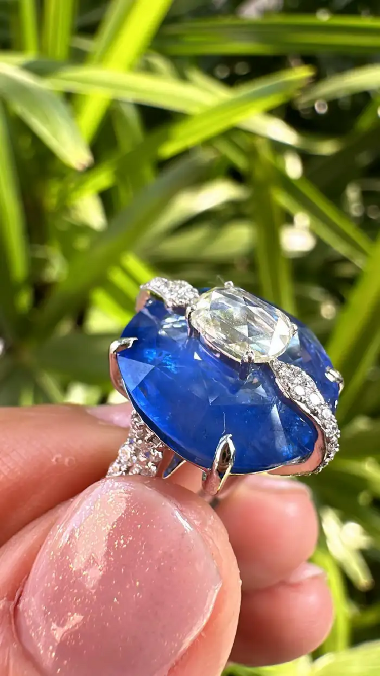 13.38 Ct. Round Cut Blue Sapphire Gemstone Ring - 18k White Gold Wedding With Rose Cut Diamonds