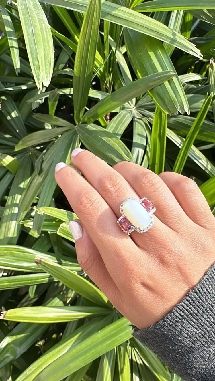 Natural Ethiopian Opal & Rubellite Statement Ring - 18k White Gold Diamond Women Ring