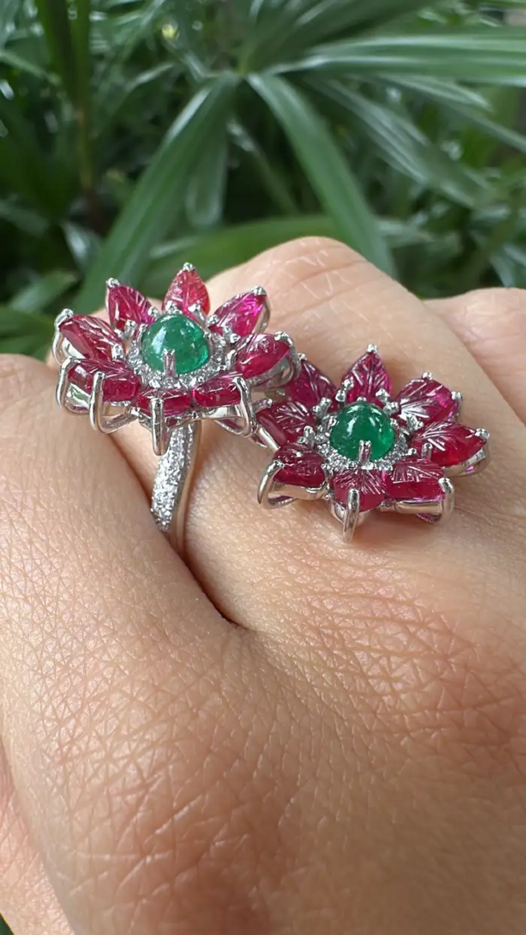 18k White Gold Diamond Toi et Moi Ring - Natural Ruby & Zambian Emerald Wrap Ring