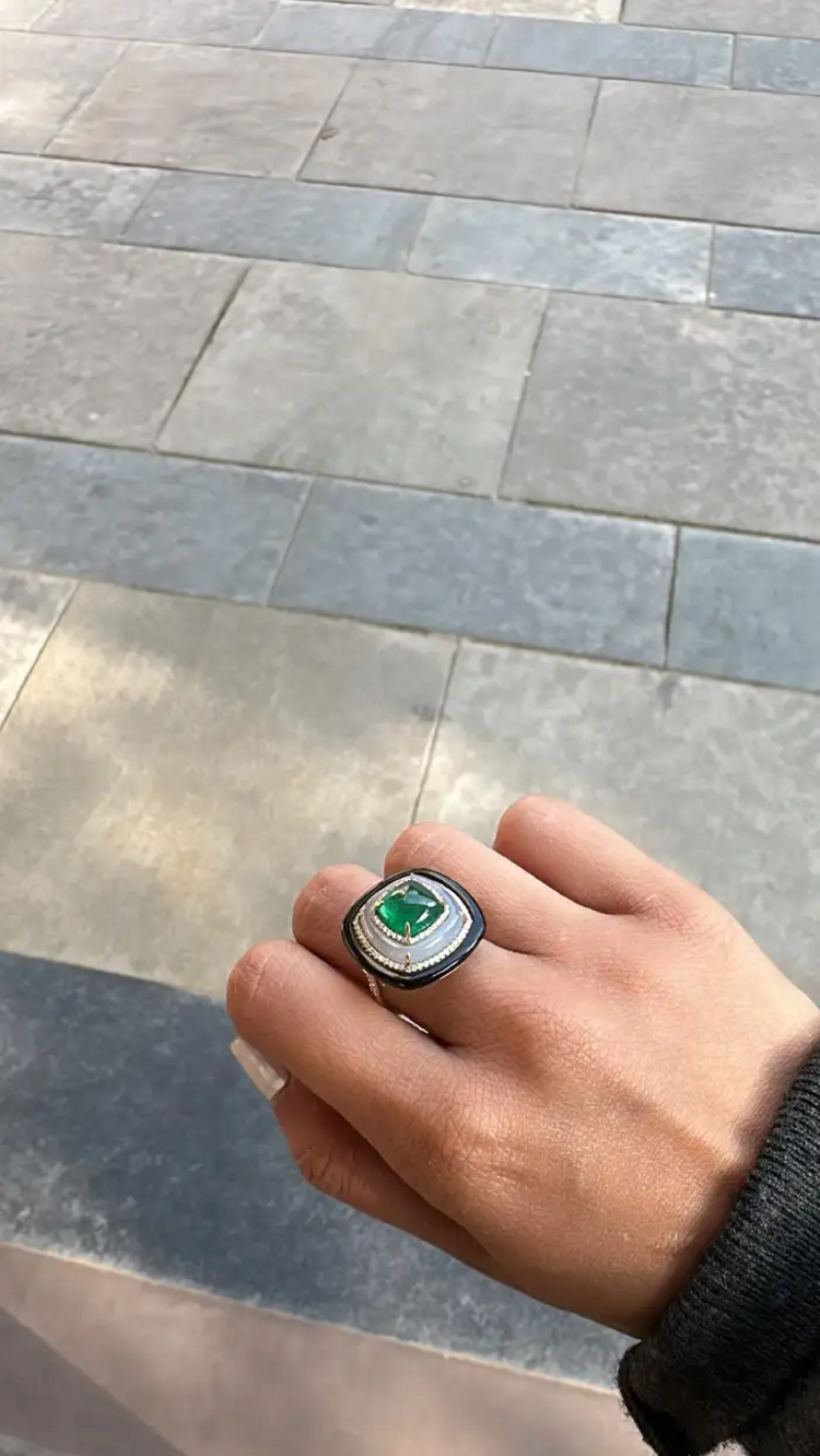 18K Yellow Gold Emerald Ring with Chalcedony, Black Onyx & Diamond Accents – Luxury Statement Jewelry