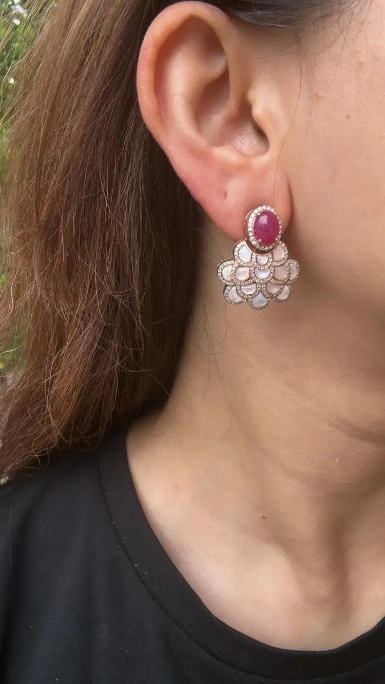 18k Rose Gold Diamond Stud Earrings - Natural Ruby & Mother Of Pearl Dangle Earrings