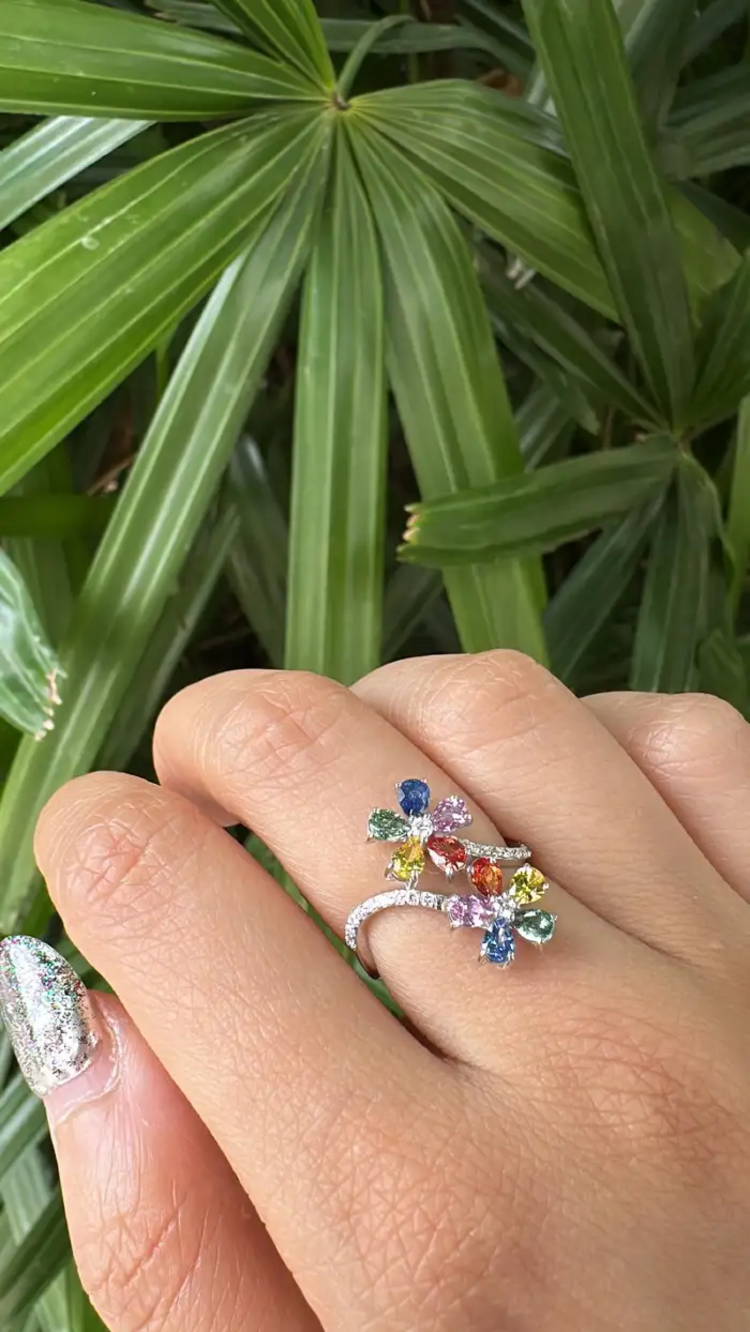 Natural Multi Sapphire Engagement Ring - 18k White Gold Diamond Ring
