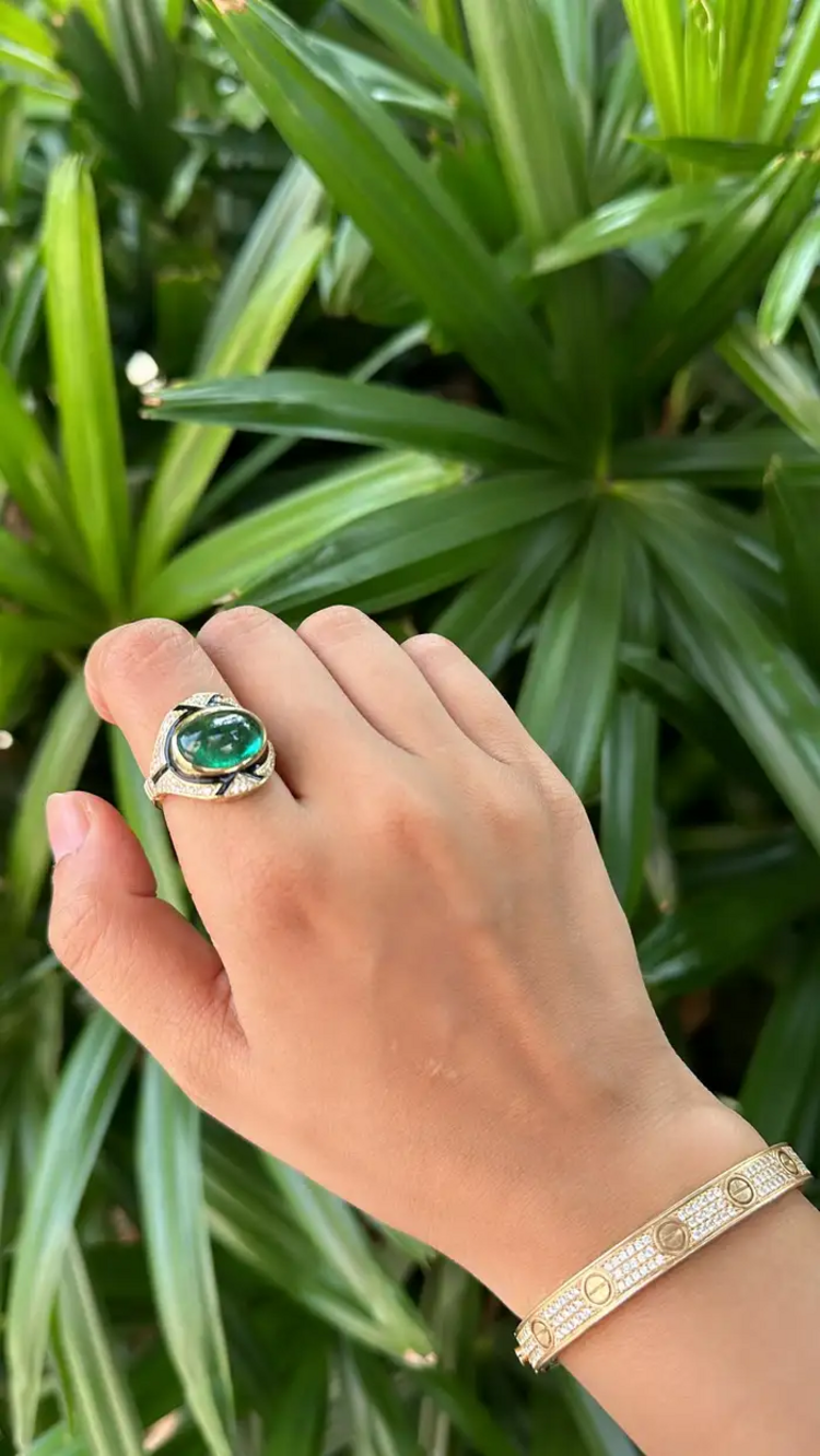 18k Yellow Gold Emerald & Diamond Art Deco Ring - Natural Zambian Emerald Women Jewelry