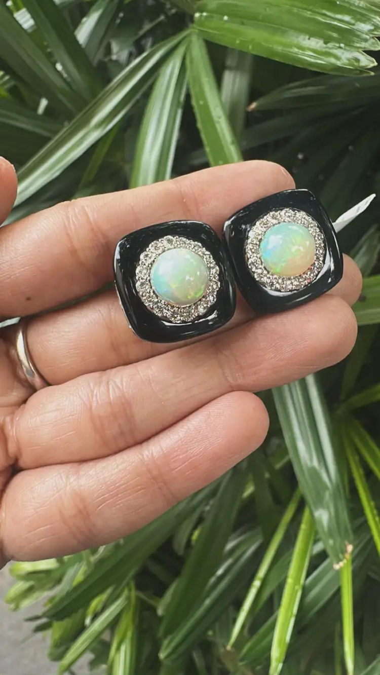 Natural Black Onyx & Ethiopian Opal Stud Earrings - 18k White Gold Diamond Handmade Earrings