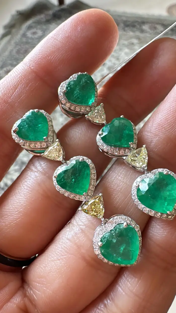 18K Gold, 8.26 carat, natural Zambian Emeralds & Diamonds Dangle Earrings