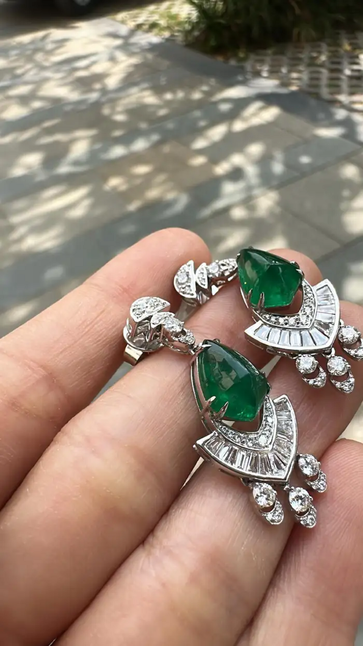 18k White Gold Handmade Dangle Earrings - Natural Zambian Emerald & Diamond Women Earrings