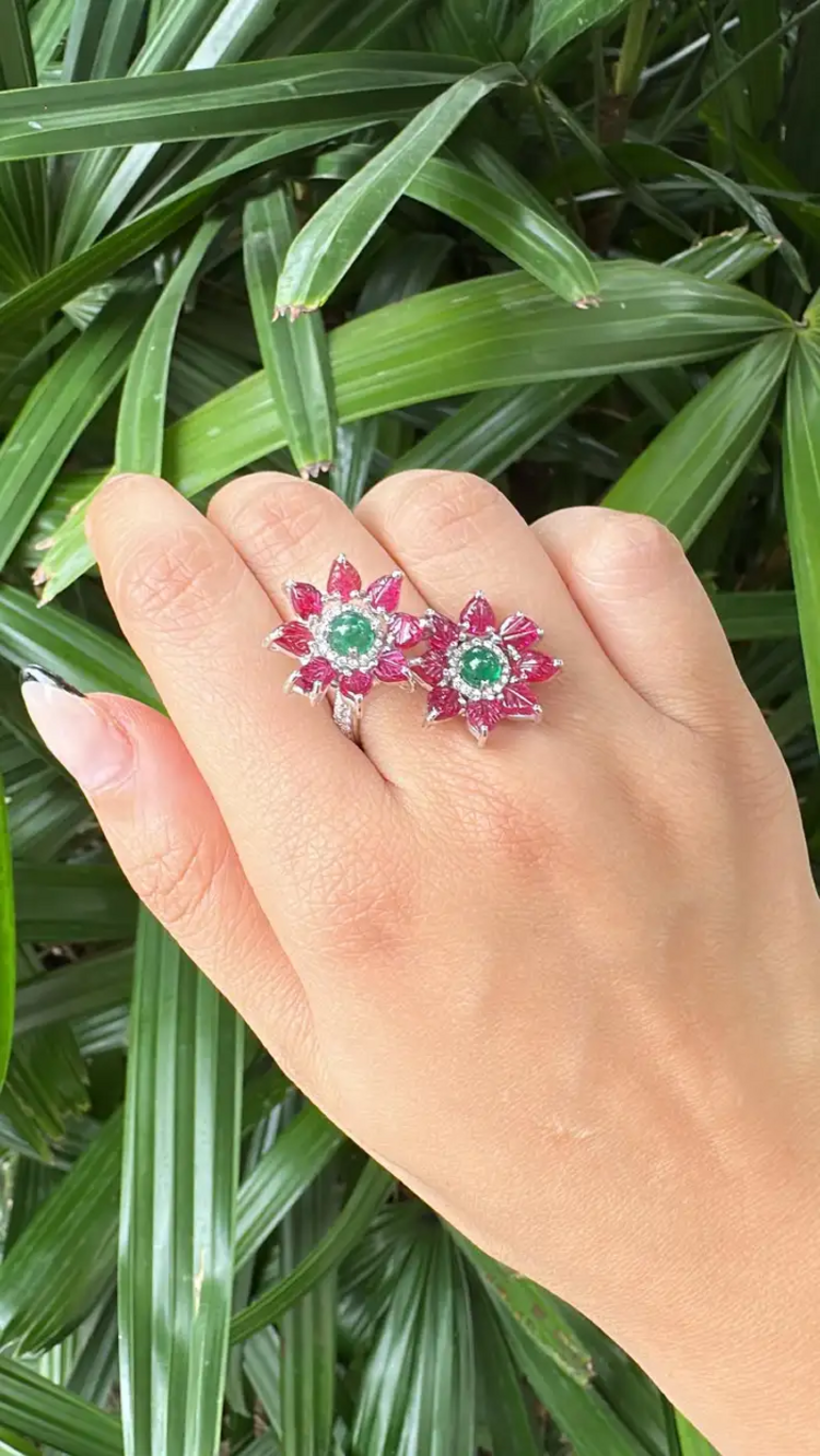 18k White Gold Diamond Toi et Moi Ring - Natural Ruby & Zambian Emerald Wrap Ring