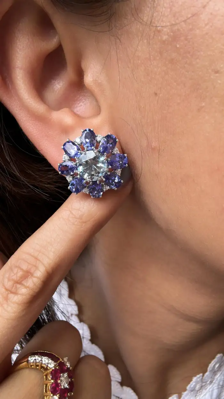 Natural Aquamarine & Tanzanite Gemstone Stud Earrings - 18k White Gold Diamond Handmade Earrings