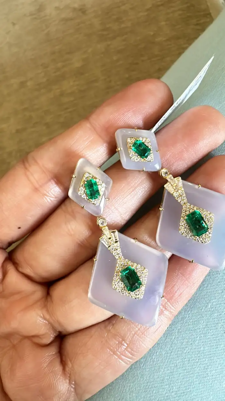 18k Yellow Gold Dangle Earrings - Natural Emerald & Rock Crystal Statement Earrings - Gold Diamond Women Earrings
