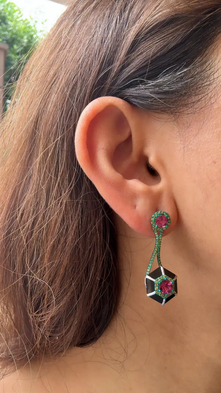 Green Rhodium 18k Gold Diamond Dangle Earrings - Natural Tourmaline & Black Onyx Stud Earrings