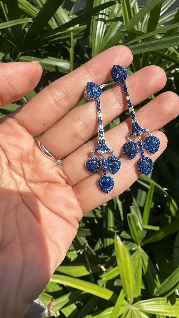Natural Ceylon Blue Sapphire Chandelier Earring - 18k White Gold Diamond Handmade Dangle Earrings