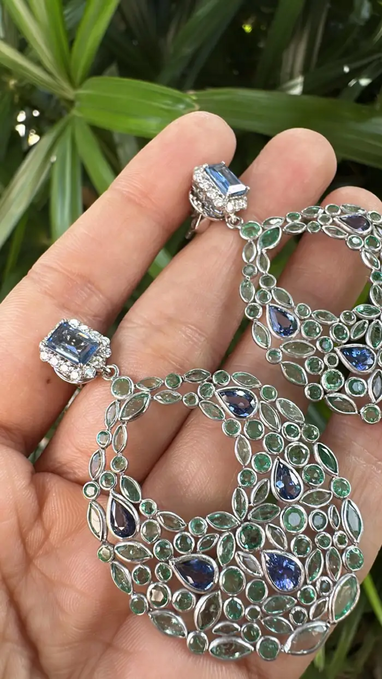 18k White Gold Diamond Art Deco Style Earrings - Natural Blue Sapphire & Zambian Emerald Dangle Earrings