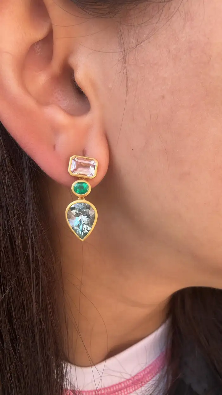 18K Yellow Matte Gold, Aquamarine, Emerald & Morganite Dangle Earring