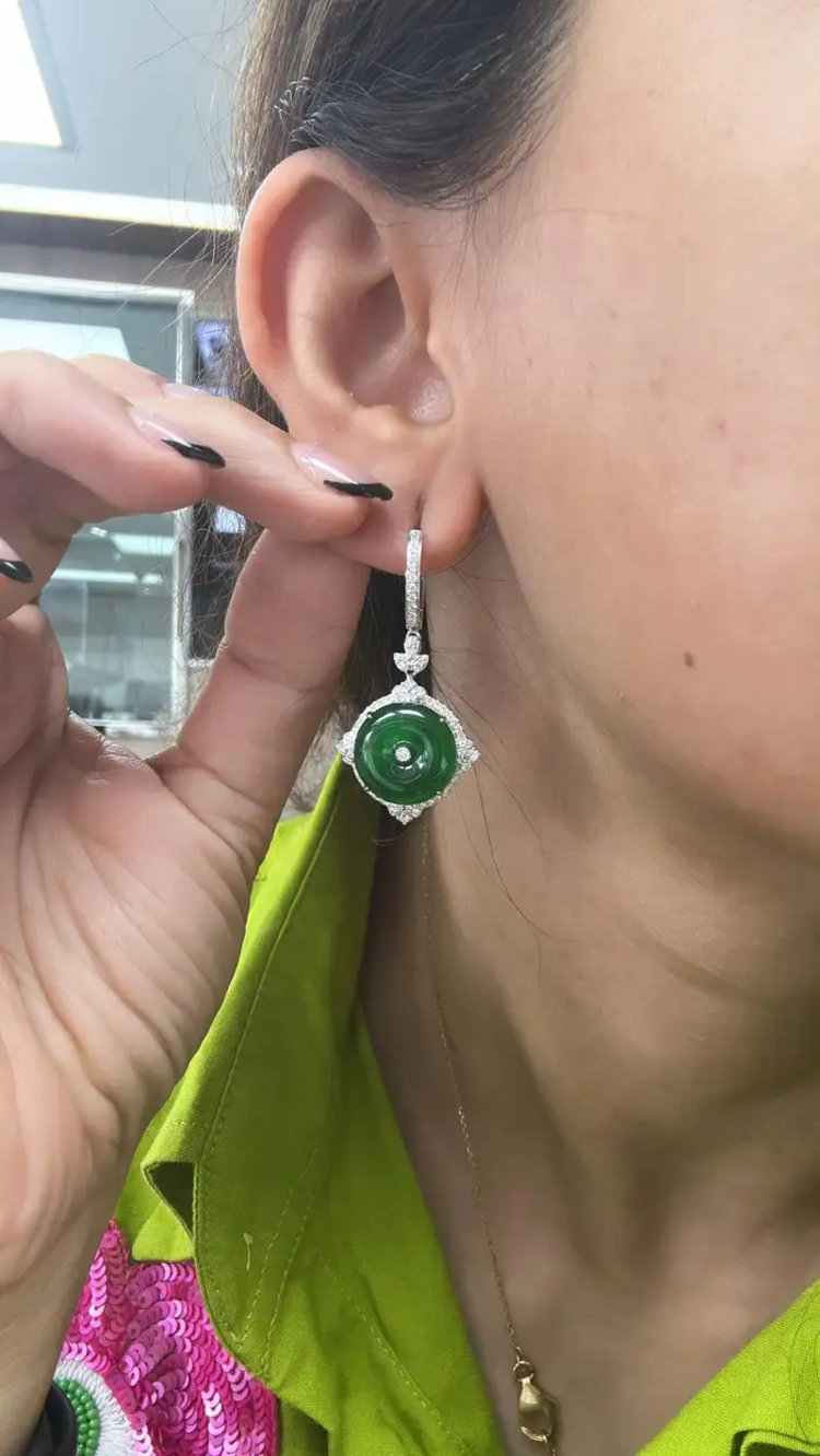 18k White Gold HKJSL Certified, Fei Cui Jade & Diamonds Dangle Earrings