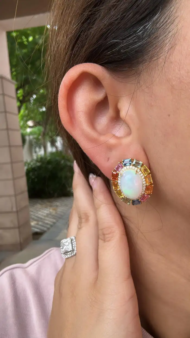 Ethiopian Opal & Ceylon Multi Sapphire Stud Earrings - 18k Yellow Gold Diamond Earrings